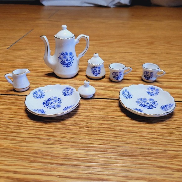 Reutter Porzellan Miniature Tea Set Dollhouse Porcelain Blue White - Picture 1 of 7